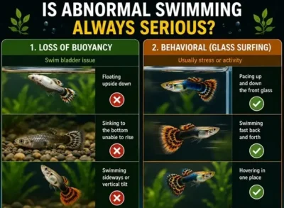 Guppy abnormal swimming vs Normal glass surfing behavior 