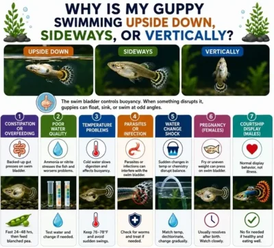 Picture of guppy swimming sideways,upside down and vertically with reasons 