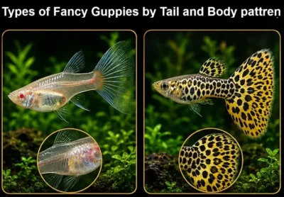 Types of Fancy guppies by tail and body pattern 