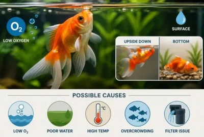 goldfish at the top of the tank