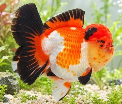 Tri-color Thai Oranda goldfish with red, white, and black patterns
