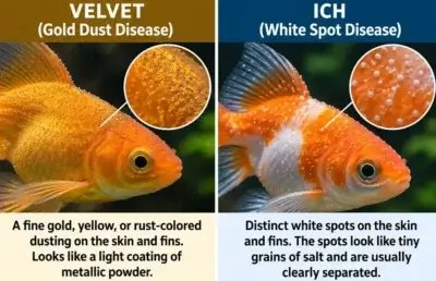 Goldfish velvet disease vs ich showing fine gold dust and distinct white spots